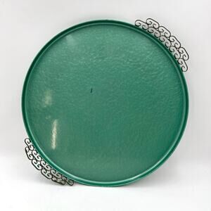 Hollywood Regency Enameled Finish Round Tray by Moire Glaze Kyes Green Vintage